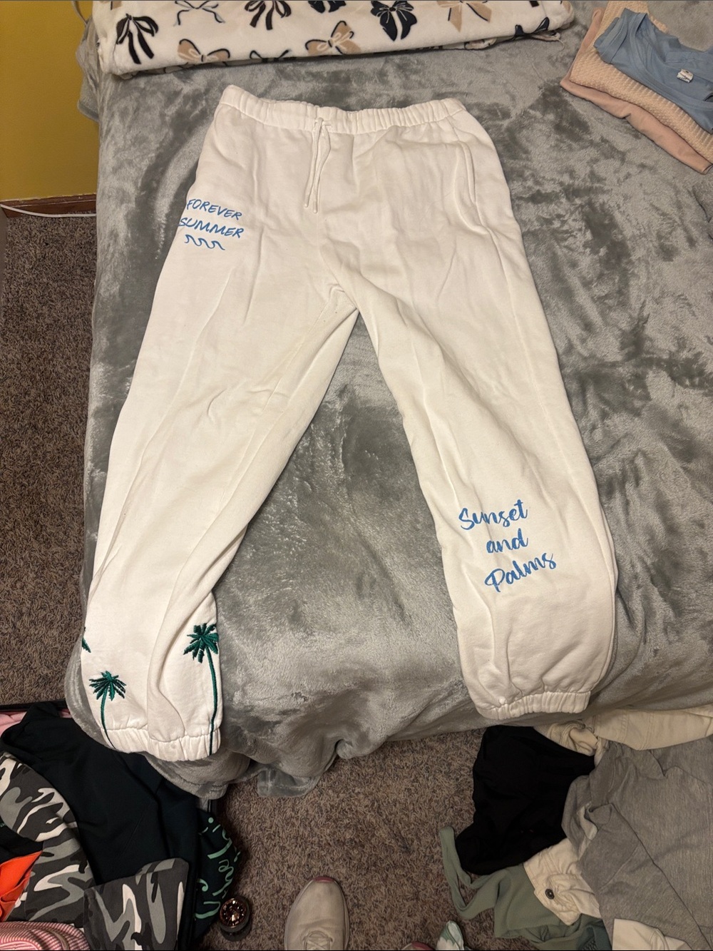 Vintage Havana Cream Track Joggers with Blue Script & Green Palm Embroidery